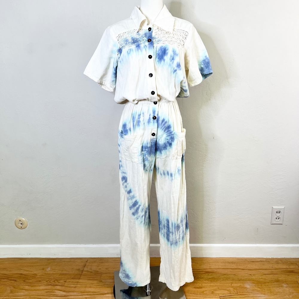 Jen's Pirate Booty Jumpsuit Tie Dye Size Size White Blue Crochet Gauze Boho